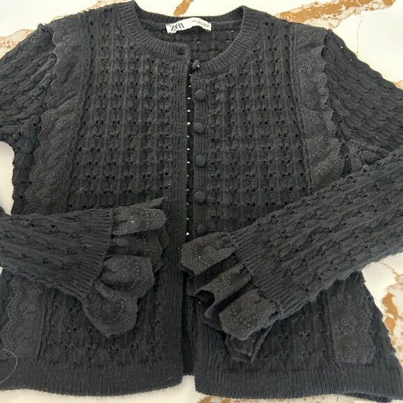 Zara Womens Pointelle Button Down Knit Cardigan Flare Lace Cuffs Whimsigoth Vibe - Picture 4 of 13